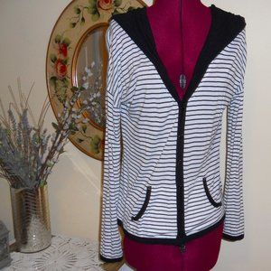 New BCBG Black/White Striped L/S Hoodie Top Button Front